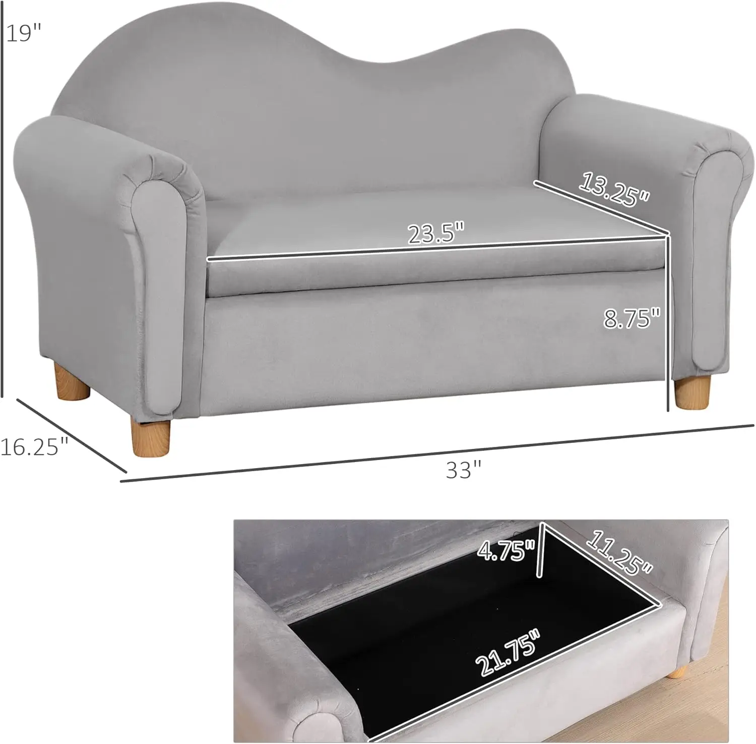 Sofa anak busa ergonomis dengan penyimpanan mainan dalam, Sofa anak-anak beludru dengan lengan lembut, furnitur Lounge anak-anak, abu-abu