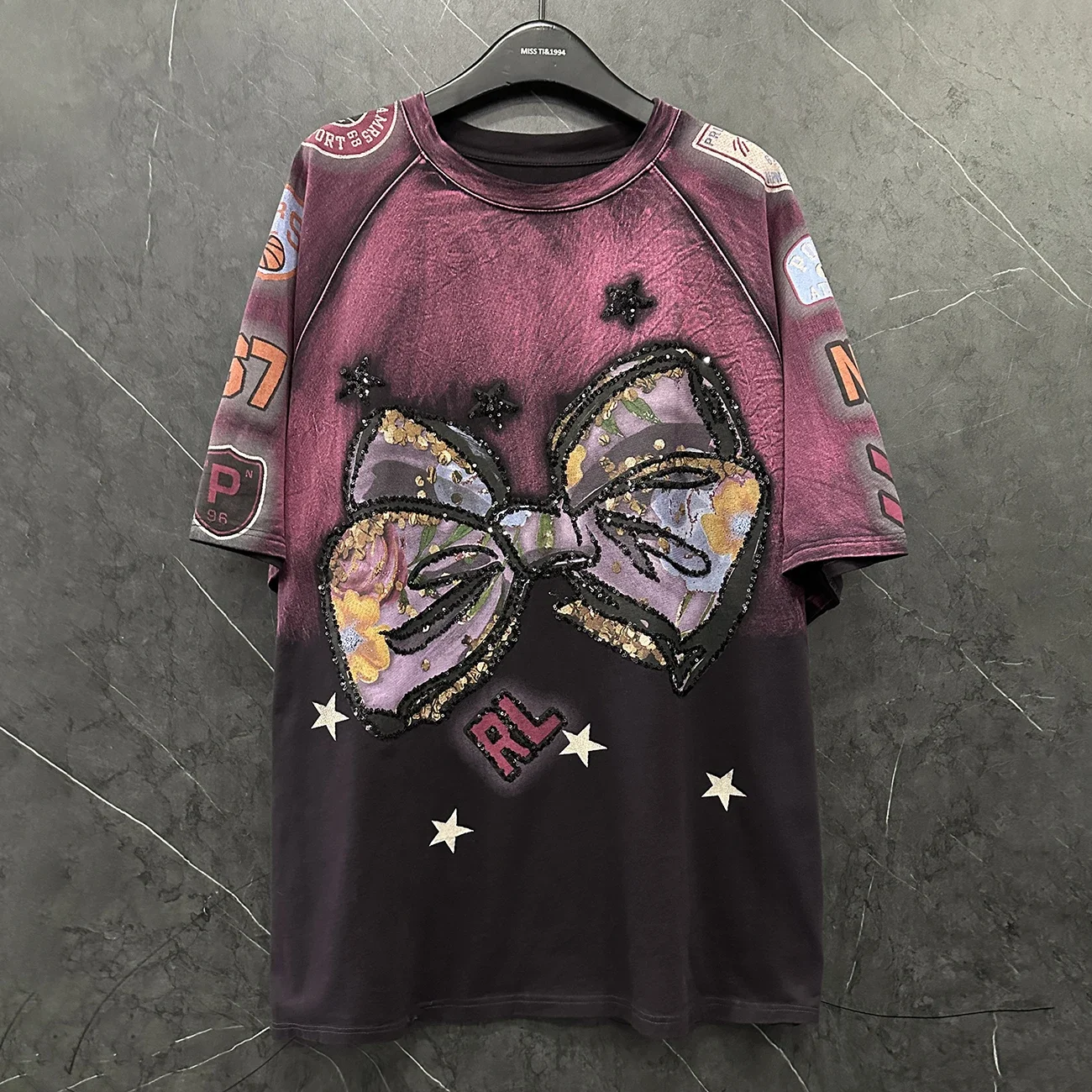 Heavy Industry Sequined Bow Gradient Color Short-sleeved T-shirt Women\'s 2025 Spring Summer Loose Sweet Round Neck Cotton Top