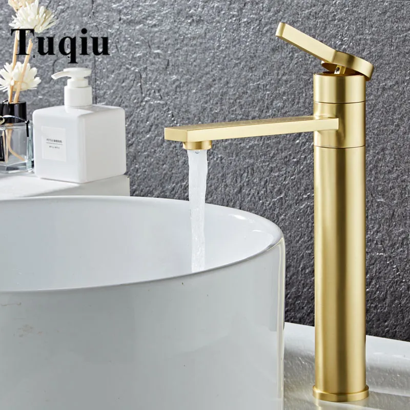 

Bathroom Faucet Solid Brass Bathroom Basin Faucet Cold And Hot Water Mixer Sink Tap Single Handle Deck Mounted Brushed Gold Tap
