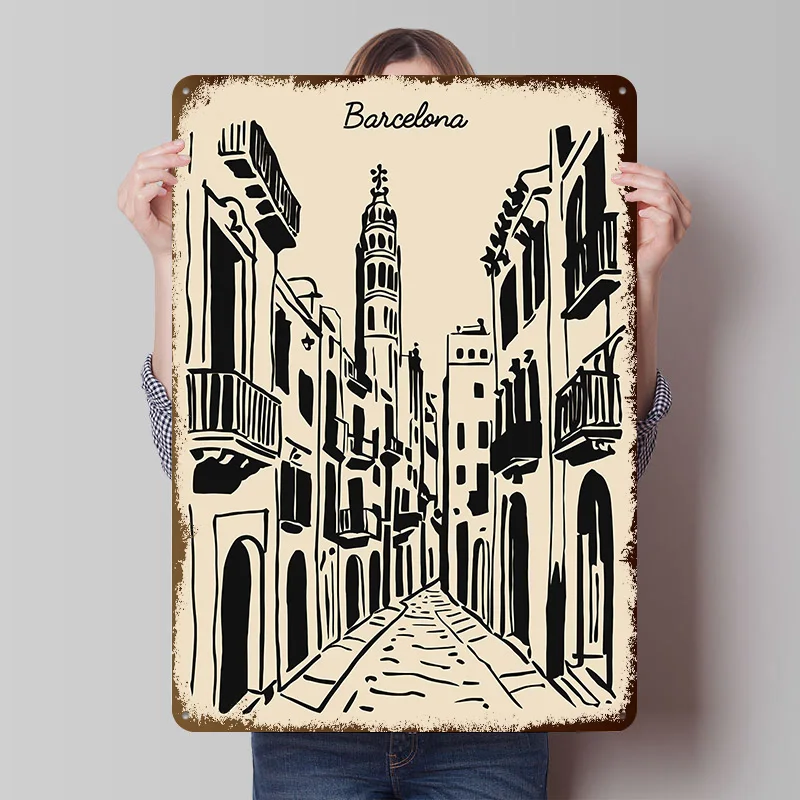 Barcelona Street Metal Poster Custom Wall Art Retro Vintage Tinplate Signs for Man Cave Modern Home Decoration Ornaments Decor