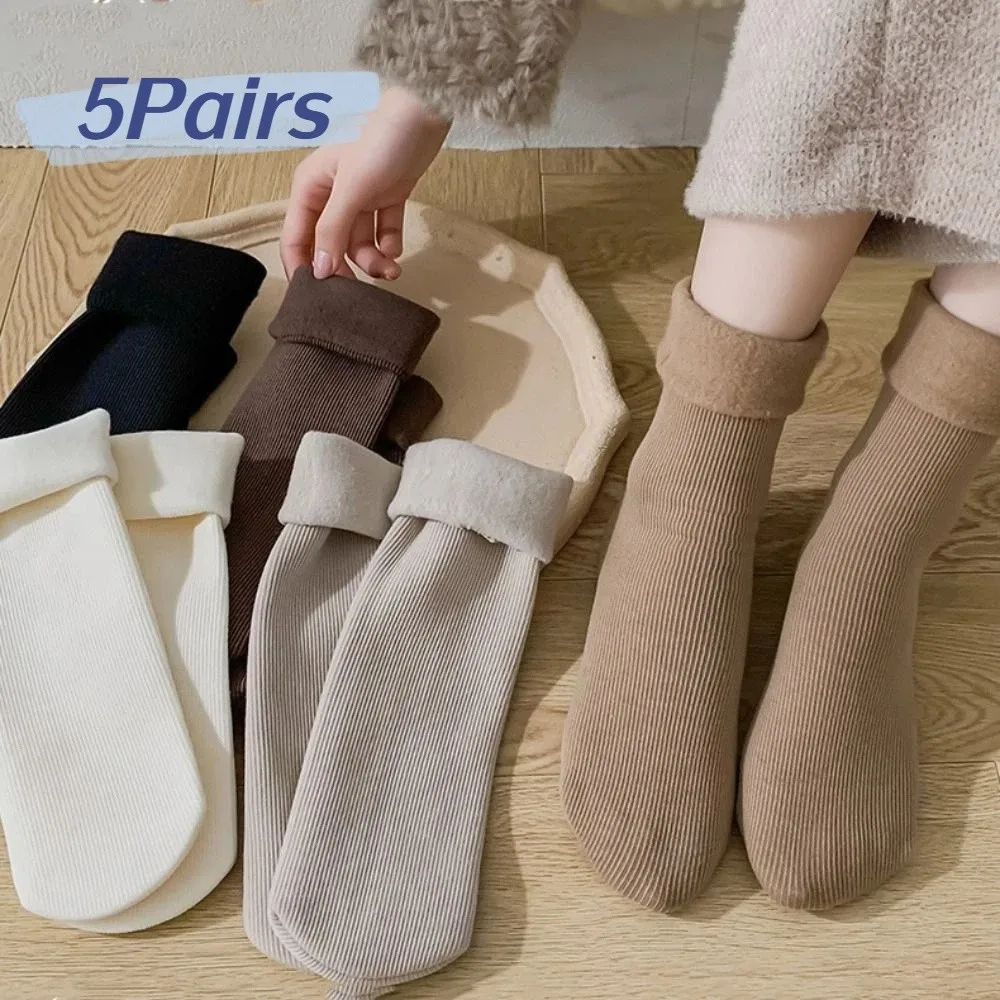 

5Pairs Stripe Thicken Warm Socks Solid Color Simple Thermal Mid Length Socks Mid Tube Thicker Winter Socks Women Sleeping Socks