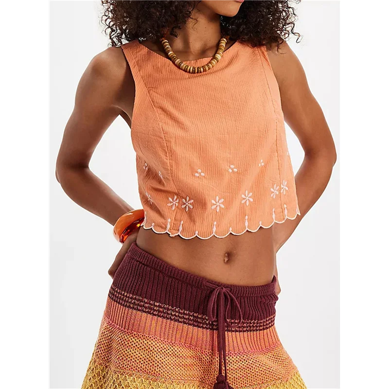 AOAO – Blusa feminina com gola redonda, sem mangas, ondulada, cores contrastantes, bainha, bordado