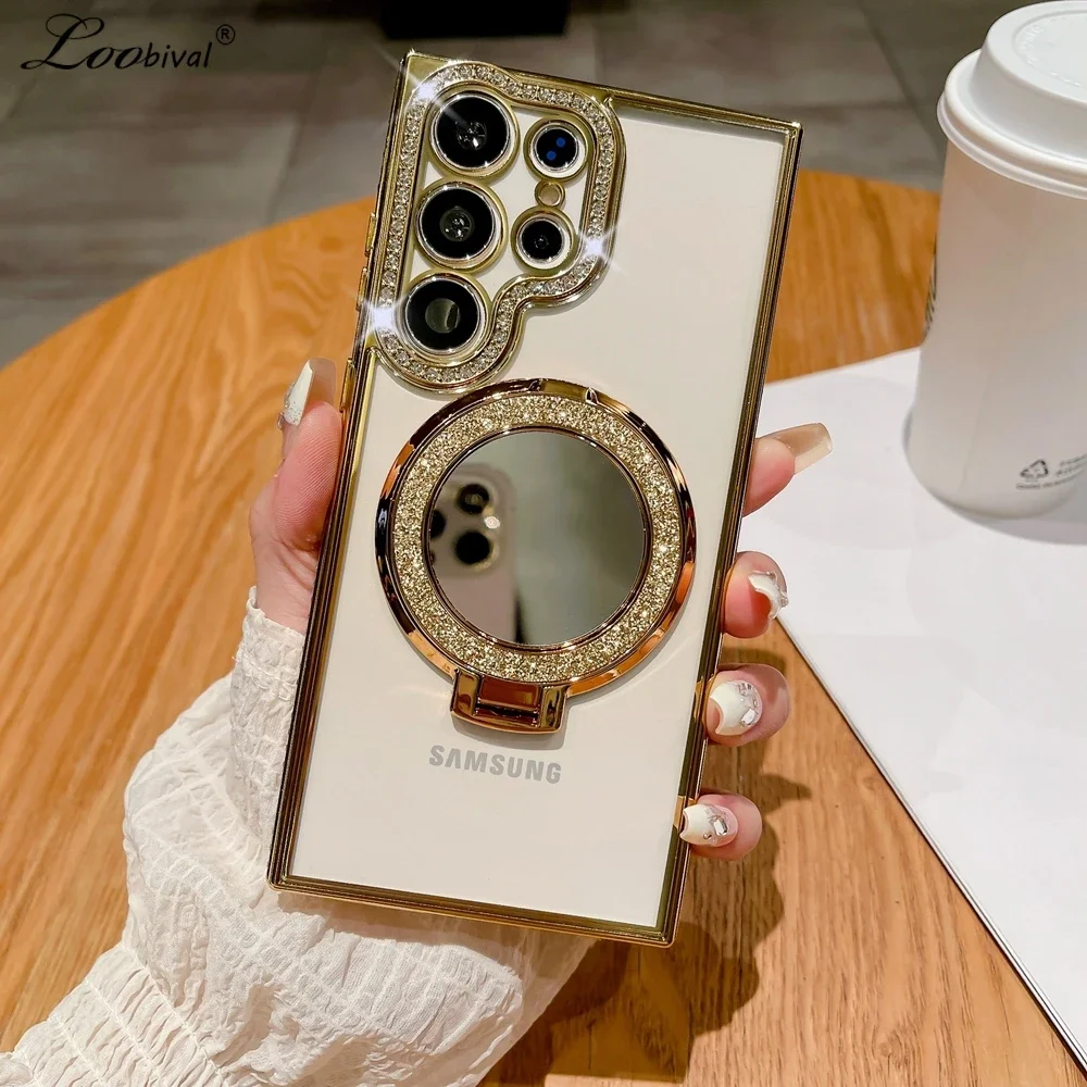 Luxury Glitter Mirror for Magsafe Case for Samsung Galaxy S24 Ultra S23 S22 Plus Bracket Stand Diamond Plating Transparent Cover