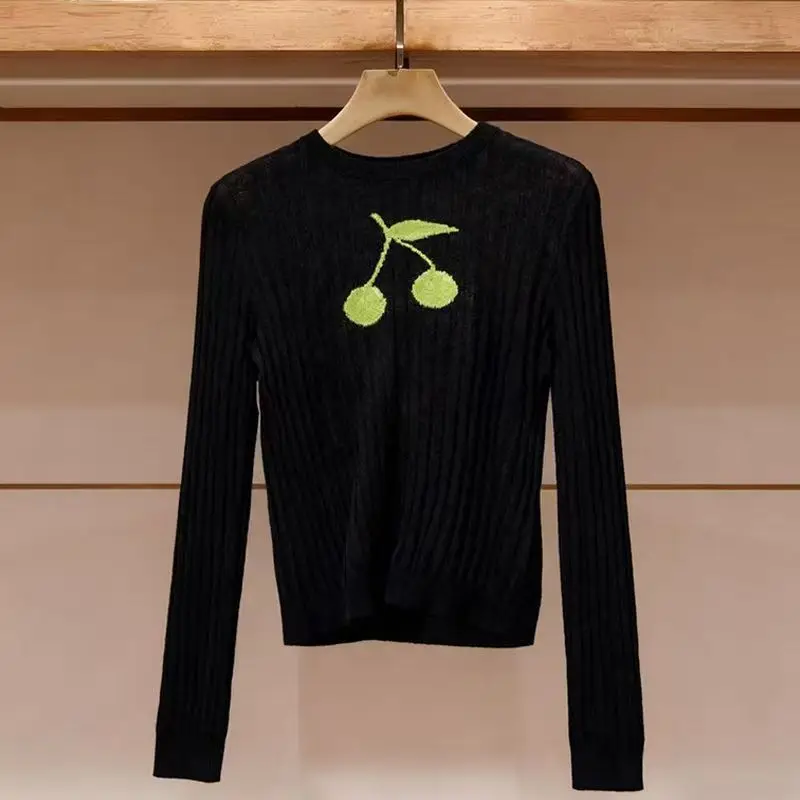 

Korean Fashion Cherry Embroidered Knitted Sweater Women Autumn New Spicy Girl Slim Fit O-neck Long Sleeved Trendy Pullover