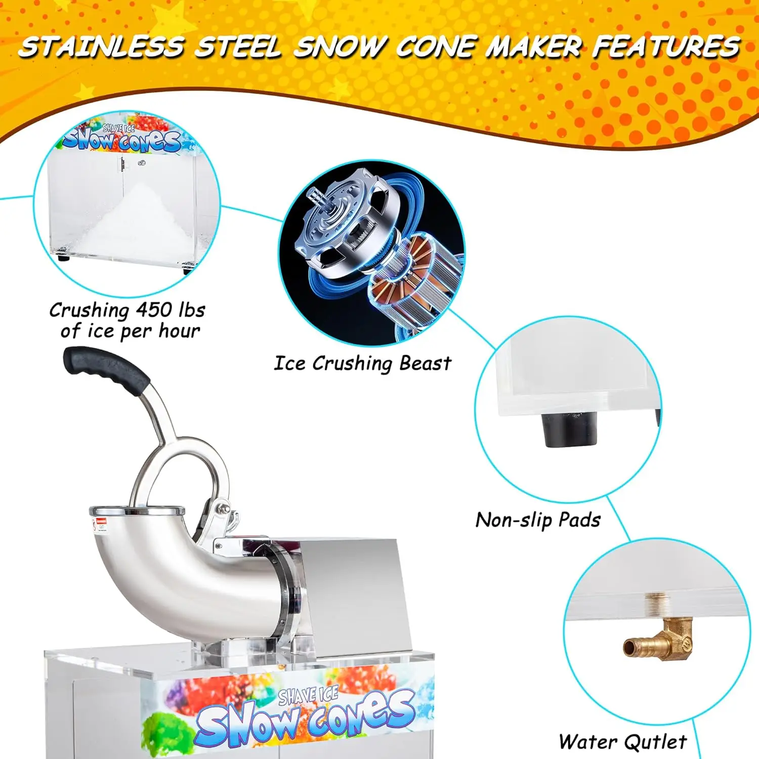 VNN 48L Snow Cone Machine, 500LB/H Commercial Shaved Ice Machine, 300W Electric Ice Shaver Machine, Suitable for Party