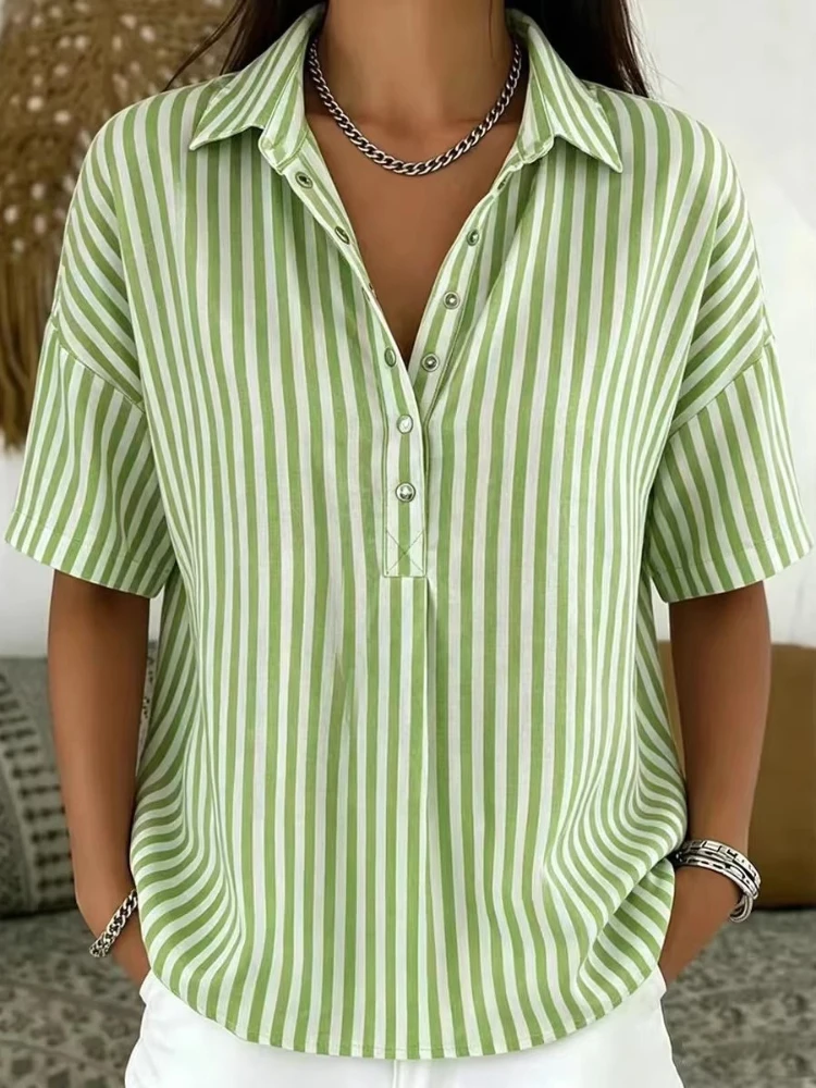 

2026 European and American Summer New Women's Fashionable Casual Striped Short-Sleeve Shirt with Notched Collar Women Shirt