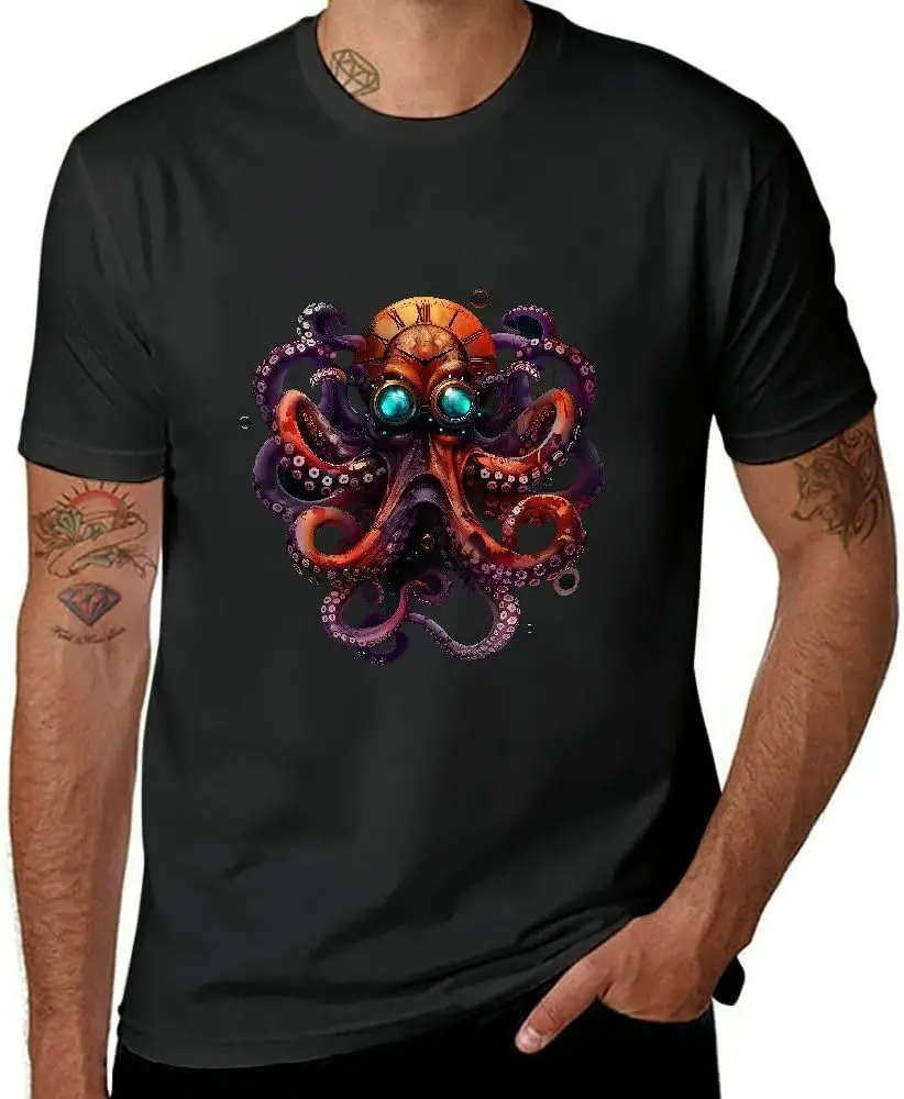 Black  for Men, Fitted Octopus Clock Summer Tops Black  Tees Cotton Luxury brand vintage oversized