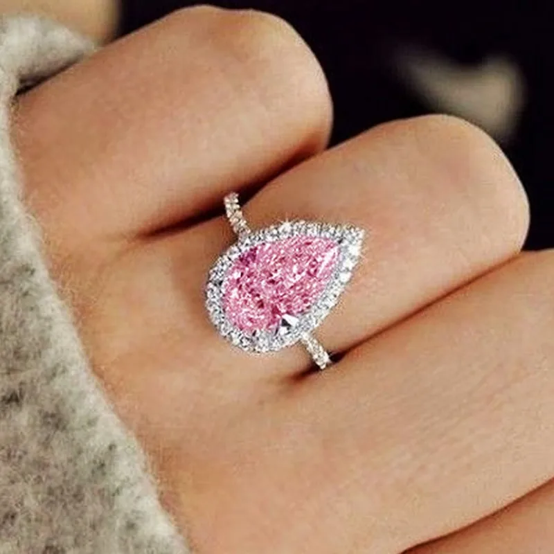 Huitan Waterdrop Pink/White Cubic Zirconia Rings for Women Luxury Trendy Engagement Wedding Bands Accessories Eternity Jewelry