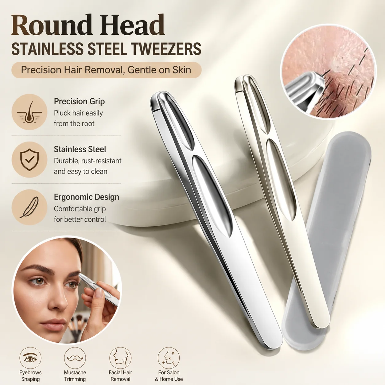 Round Head Stainless Steel Tweezers for Eyebrow Shaping Facial Hair Removal Mustache Trimming Precision Beard Clip Salon Tool