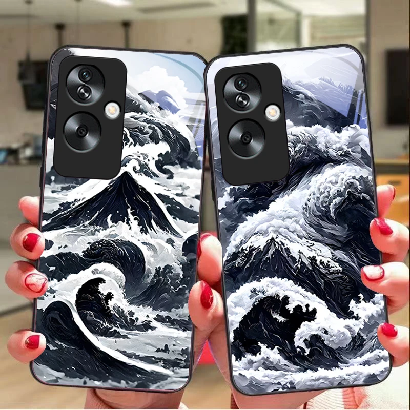 Ink wash waves black For Oppo A79 5G 58 78 74 60 4G Reno 11F Realme GT 6 11 Note 50 10 C55 X2 Tempered glass black phone case