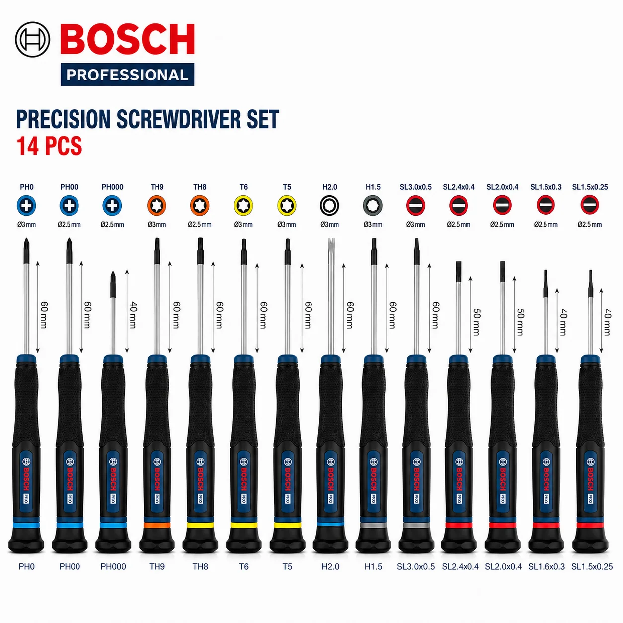 BOSCH 14Pcs Precision Screwdriver Set S2 Steel Torx Security Torx Phillips Slotted Hex Hand Tools for Electronics Repair DIY