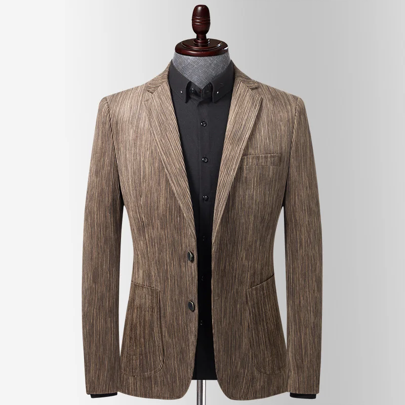 

KIDWHXR Men Suit Jacket Non-ironing Striped Turn Dwon Collar Male Outerwear Single-breasted Long Sleeve Casual Man Blazer