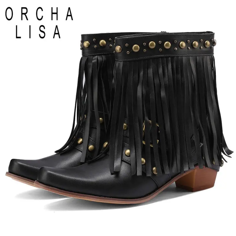 

ORCHA LISA Womens Mid Calf Boots Square Toe Block Heels 5cm Rivets Buckle Strap Tassels Western Booties Casual Large Size 47 48