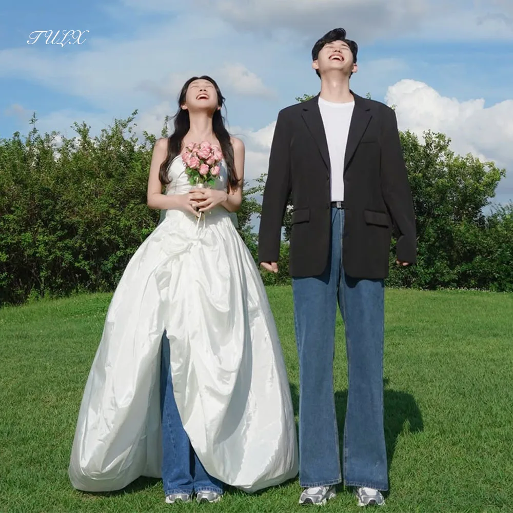 

TULX Ivory Taffeta Wedding Dress Korea Photo Shoot Strapless Sleeveless A line Long Bridal Gowns Corset Customized 웨딩드레스