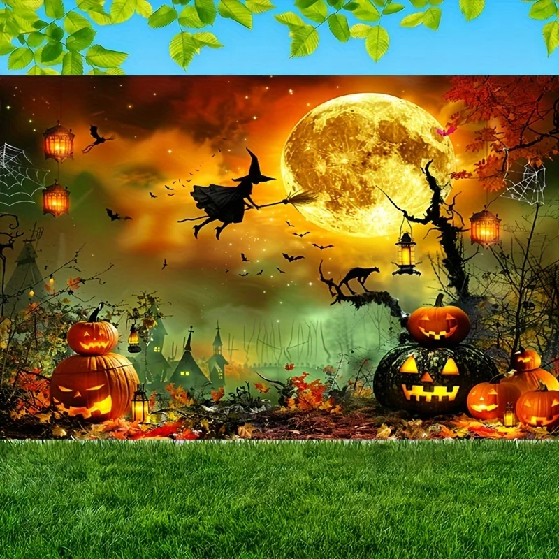 2D-Banner 1-teilig, Herbst-Halloween, Hexe fliegt auf Besen, Kürbis und Skelett, Laterne, Spinnennetz, Ernteparty