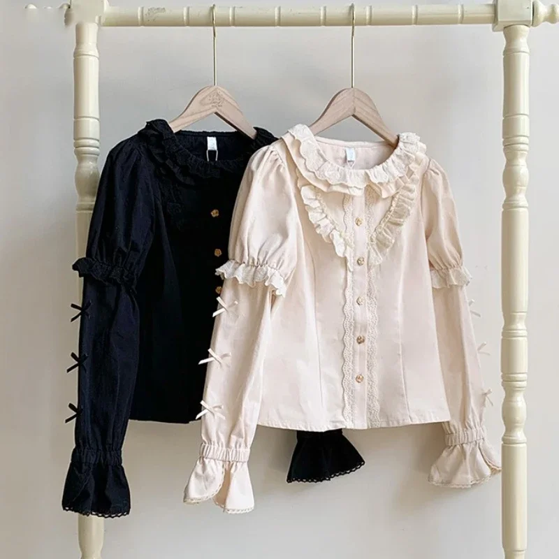 

Japanese Victorian Vintage Lolita Shirts Women Sweet Kawaii Lace Bow Long Sleeve Blouses Tops Girls Gothic Y2k Ruffled Blusas