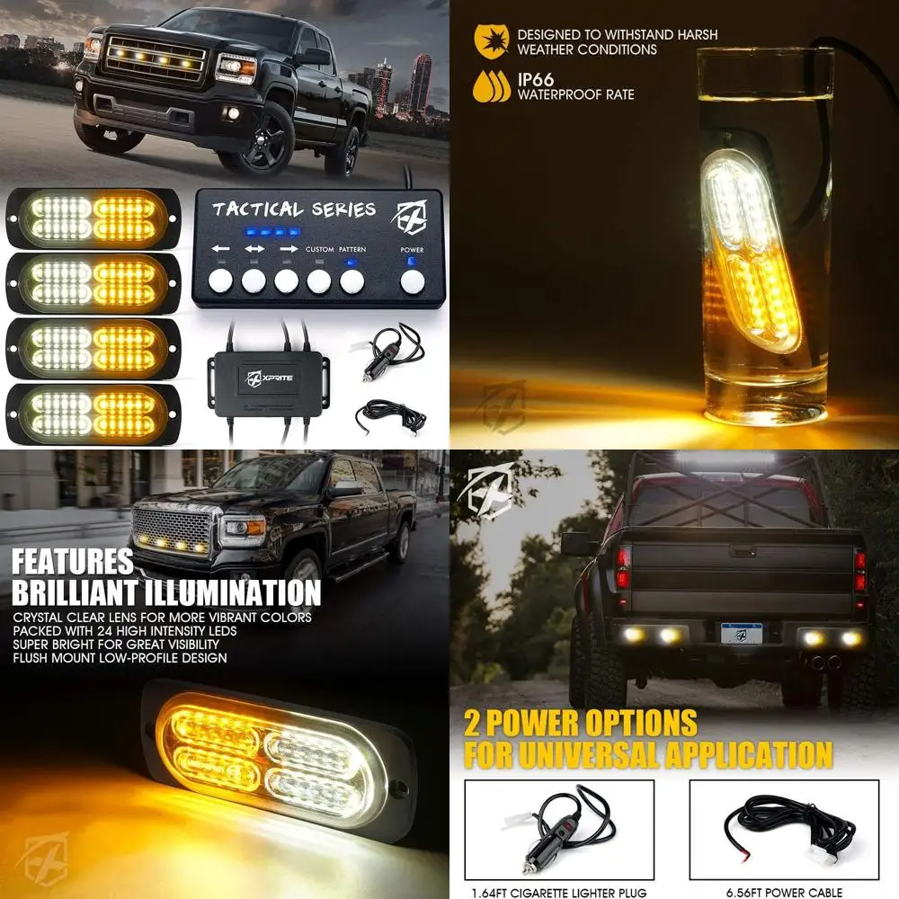 

4-Piece Surface Mount Strobe Kit with Control Panel, Amber & White Grill for Trucks, Vehicles, and Cars