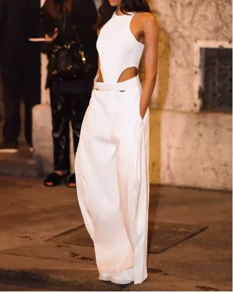 

2025 summer new women's solid color round neck sleeveless hollow out slim fit high waist wide leg jumpsuit