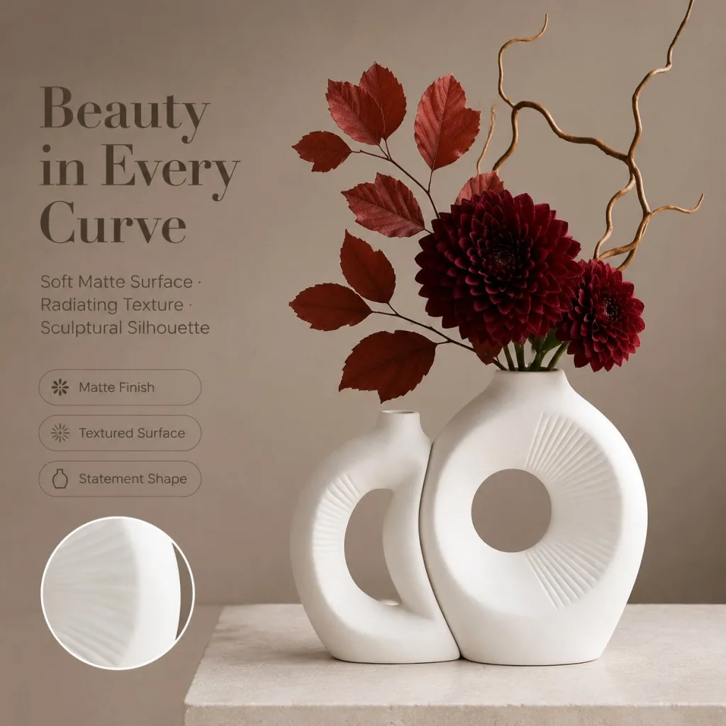 2 Pieces Matte White Sunburst Textured Donut Sculpture Vase Set, 3D Printed PLA Neutral Wabi Sabi Vase for Pampas Grass Desktop