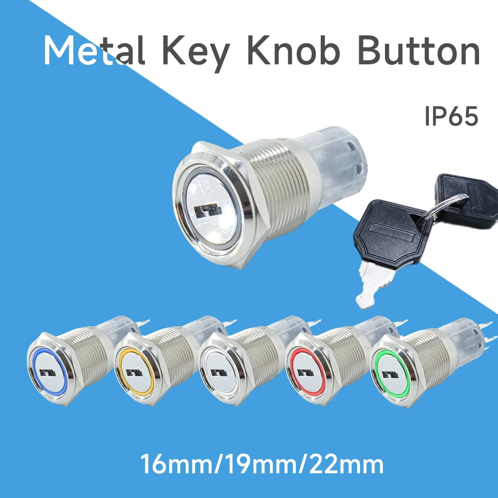 16mm 19mm 22mm Metalowe pokrętło kluczyka Przełącznik włączania i wyłączania światła LED Wodoodporny Płaski okrągły 2/3 Way 3v 6v 12v 24v 110v 220v ip65