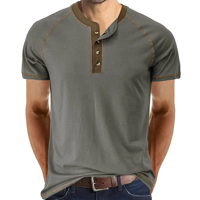2025 Summer New Fashion American Men's Casual Trendy Color-coded Short Sleeve O-neck Button T-shirts Male Undershirts Clothes