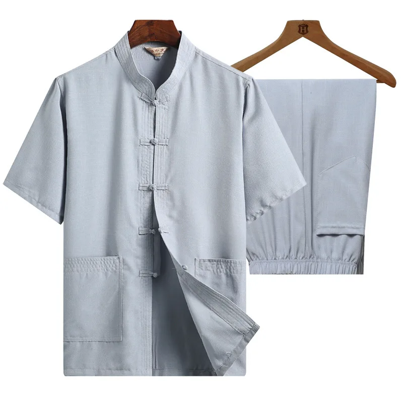 

Cotton Linen Short Sleeve Shirt Long Pants Tang Suit Casual Summer Hanfu Set Traditional Chinese Costume