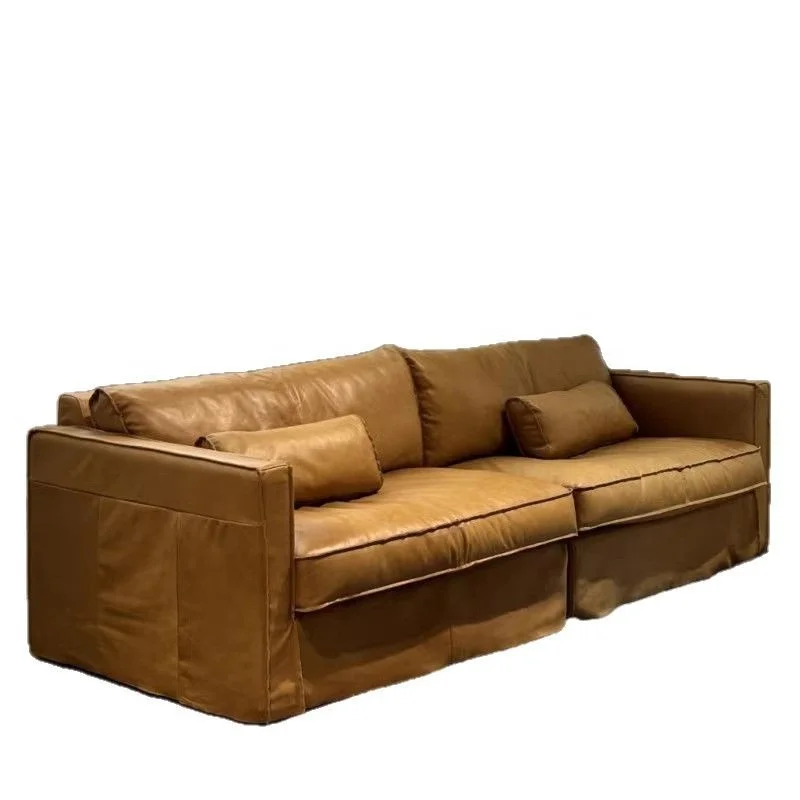 #Camel Top Grain Leather Sofa Slipcover Design Plush Cushions Rectangular Bolster Modern Rustic Industrial Living Room Furniture