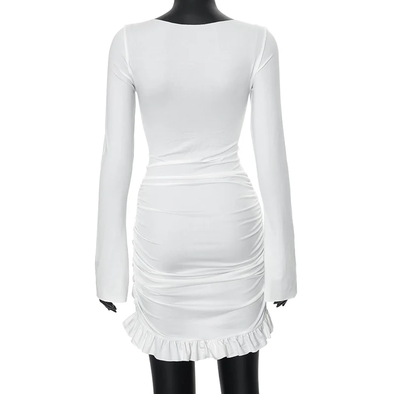 Ruffle Pleated Bodycon Mini Dress For Women Elegant Patchwork White Long Sleeve Pullover High Waist Party Dresses