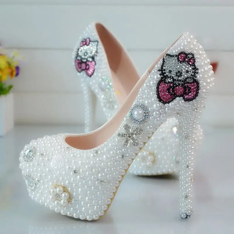 Hello Kitty zapatos de fiesta de boda con diamantes de imitación, zapatos hechos a mano, tacón alto, plataforma impermeable, lazo de boda