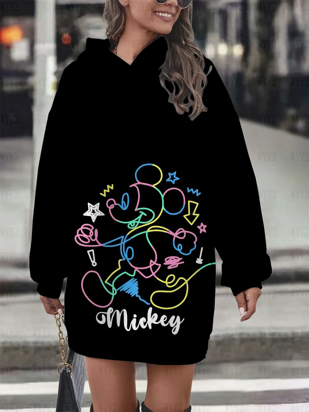 

Женская толстовка с капюшоном и принтом Микки и Минни, милое стильное платье-свитер для девочек, женская толстовка с длинными рукавами