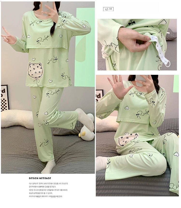 2024 Autumn Postpartum Woman Breastfeeding Clothes Set Long Sleeve Lactation Top+pants Twinset Maternity Nursing Pajamas Sets