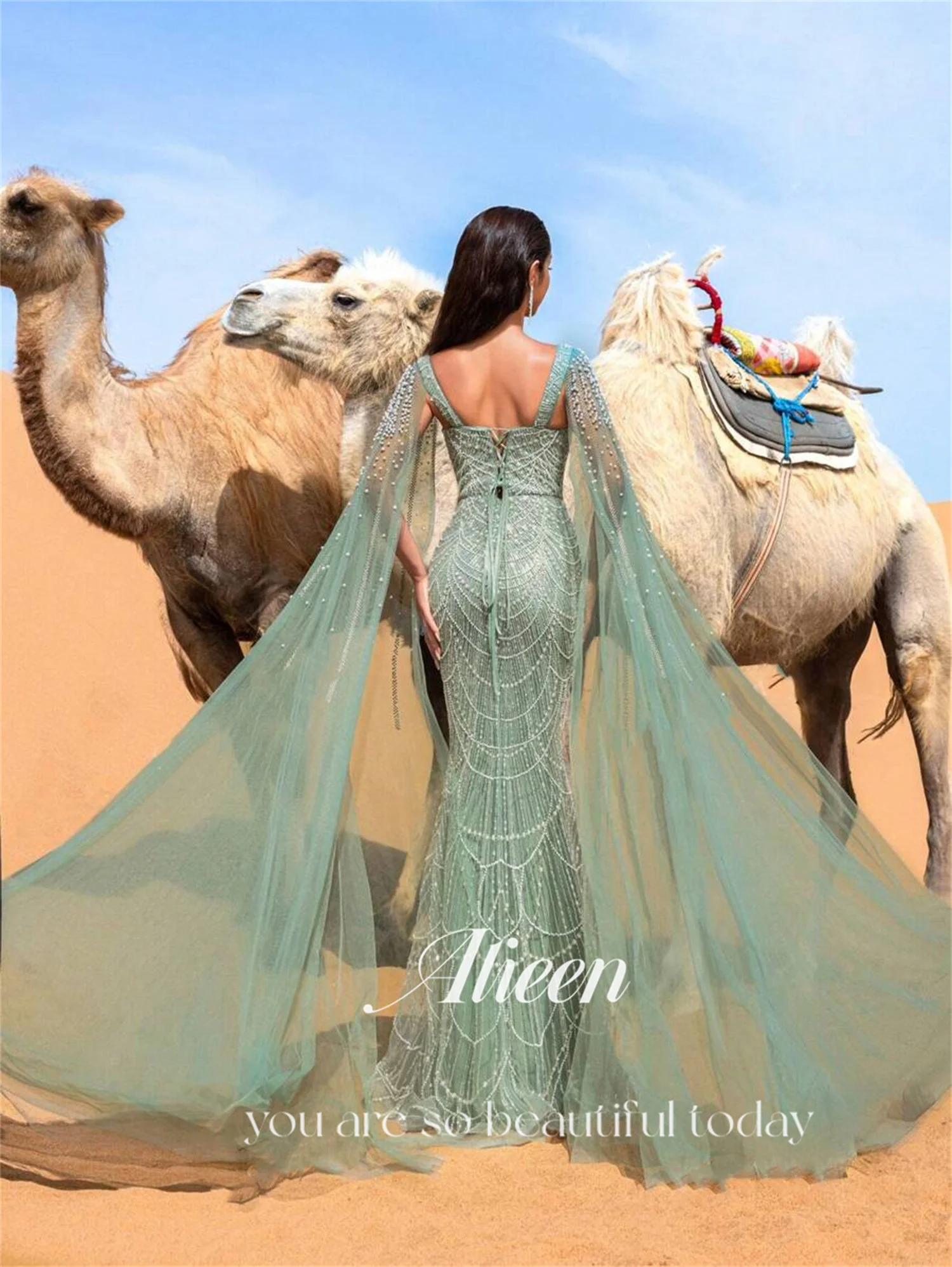 Aileen فستان سهرة نسائي أخضر شال فساتين لحضور الحفلات الموسيقية 2025 خرز مخصص فيستدوس دي فيستا فاخر فساتين سهرة حورية البحر فاخرة