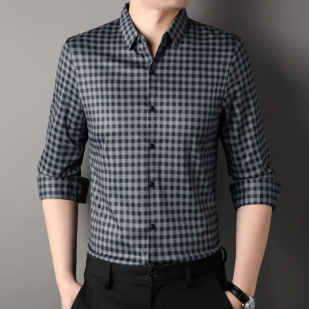 Men's Business Casual Top Classic Versatile Checkered Non-ironing Shirt Loose Comfortable Polo-Neck Long Sleeve W5888