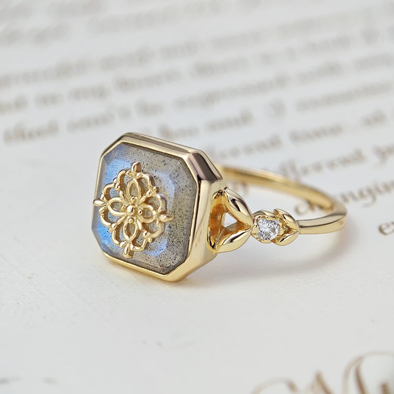 LAMOON Vingtage Bijou Natural Labradorite Ring For Women Gemstone Rings 925 Sterling Silver Gold Vermeil Elegant Fine Jewelry