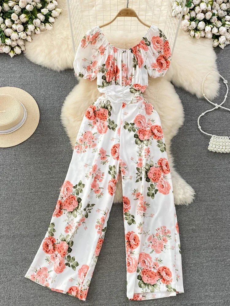 Jumpsuit kerah kotak wanita, Jumpsuit berkerut lengan Puff pendek elegan liburan pantai pinggang tinggi motif bunga musim panas