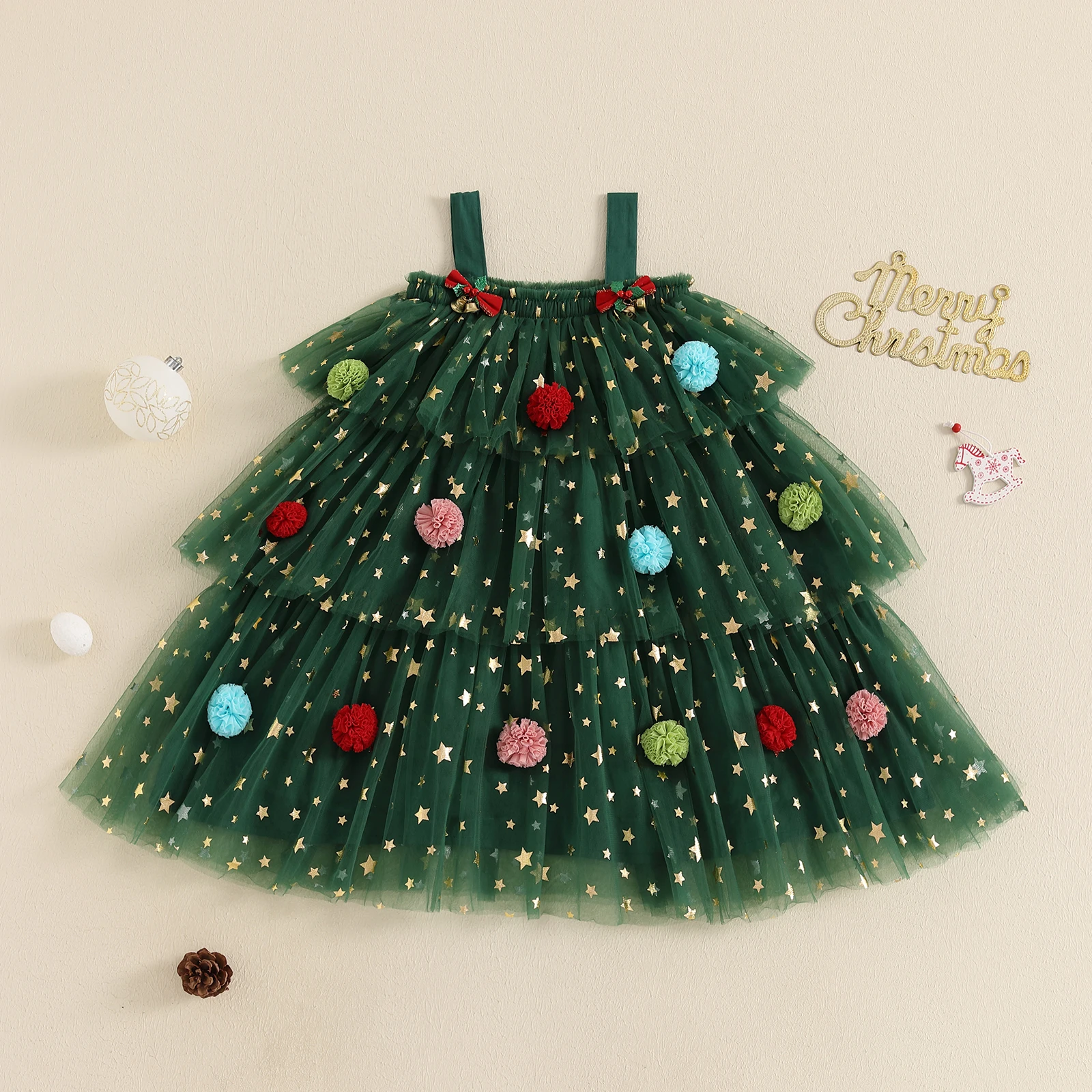 VISgogo Little Girl Christmas Dress Star Print Square Neck Sleeveless Layered Tulle Dress with Plush Ball Christmas Party Dress