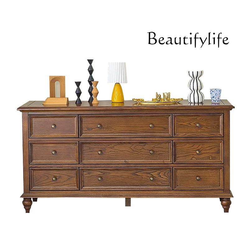 

Solid wood nine chest cabinet ash wood dining side cabinet retro living room bedroom storage cabinet
