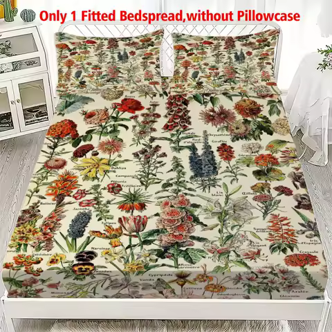 1pc Vintage Botanical Floral Chart Print Fitted Sheet Deep Pocket Elastic Mattress Cover Single... product image