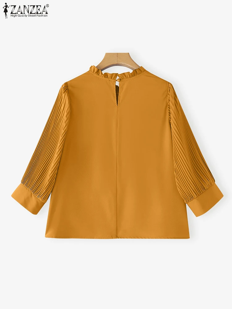 ZANZEA Women Elegant Blouses 2025 Autumn 3/4 Puff Sleeve Pleated Fashion Tops Casual Stylish Shirts Ruffled Solid Color Blusas