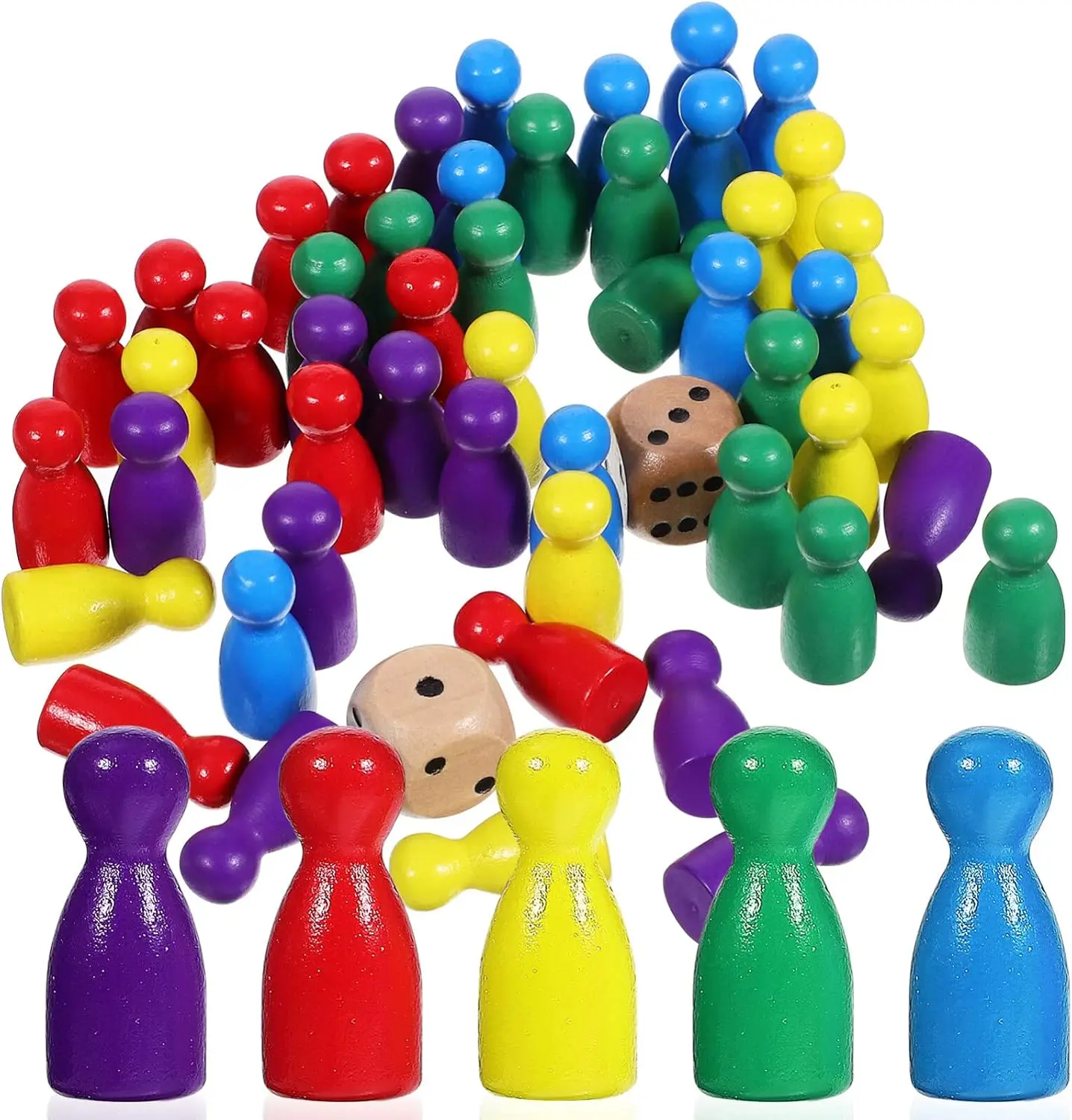 

50 Pcs Multicolor Wooden Pawns Board Game Pieces With 2 Dice - Tabletop Markers Chess Pieces for Board Games
