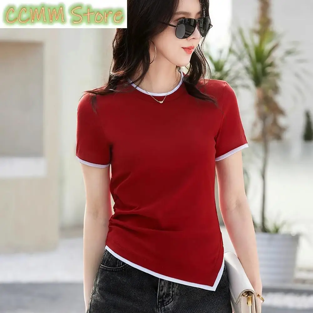 

Wine red pure cotton short sleeved T-shirt for women's summer new fashion splicing slim fit irregular fake two-piece casual top