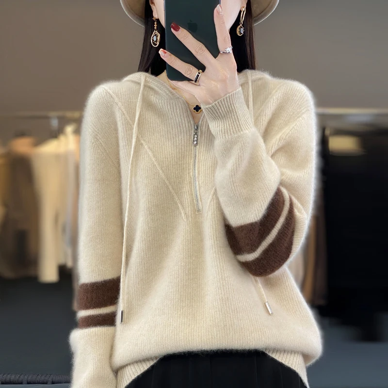 Autumn and Winter 2023 New Women's Cashmere Sweater 100% Wool Hoodie Knitted Pullover Loose Korean Fashion Thickened Top