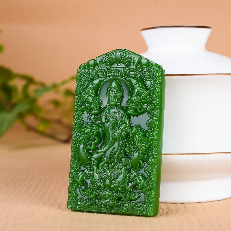 

Dragon Natural Green Jade Guanyin Pendant Necklace Double-sided Carved Fashion Jewelry Gemstone Charm Amulet Gifts for Women Men