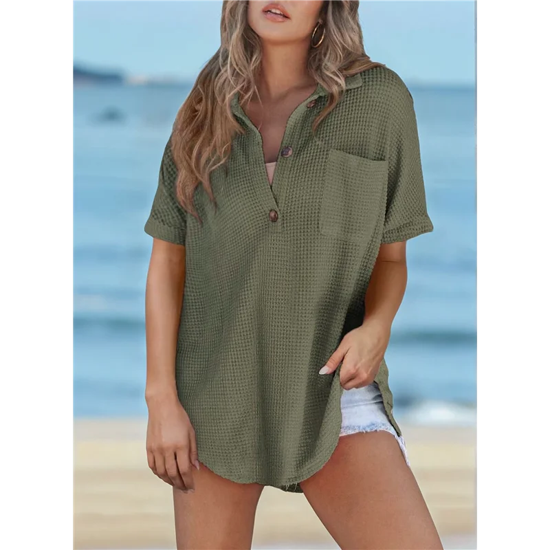 

Premium Women Waffle Knit Tops Henley Shirts Short Sleeve V Neck Solid Color Casual Tunic