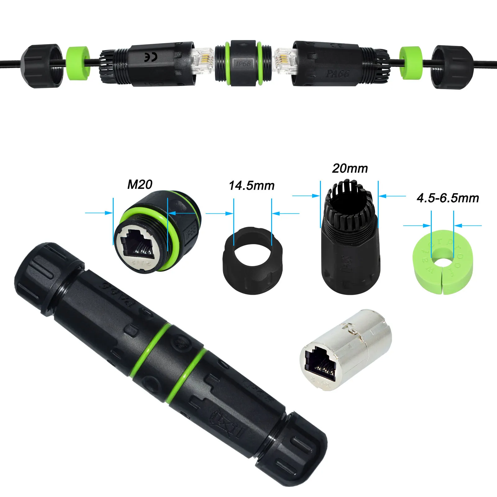 IP68 Nylon Waterproof RJ12 Inline Straight Connector, Outdoor Network Cable Extension Joint
