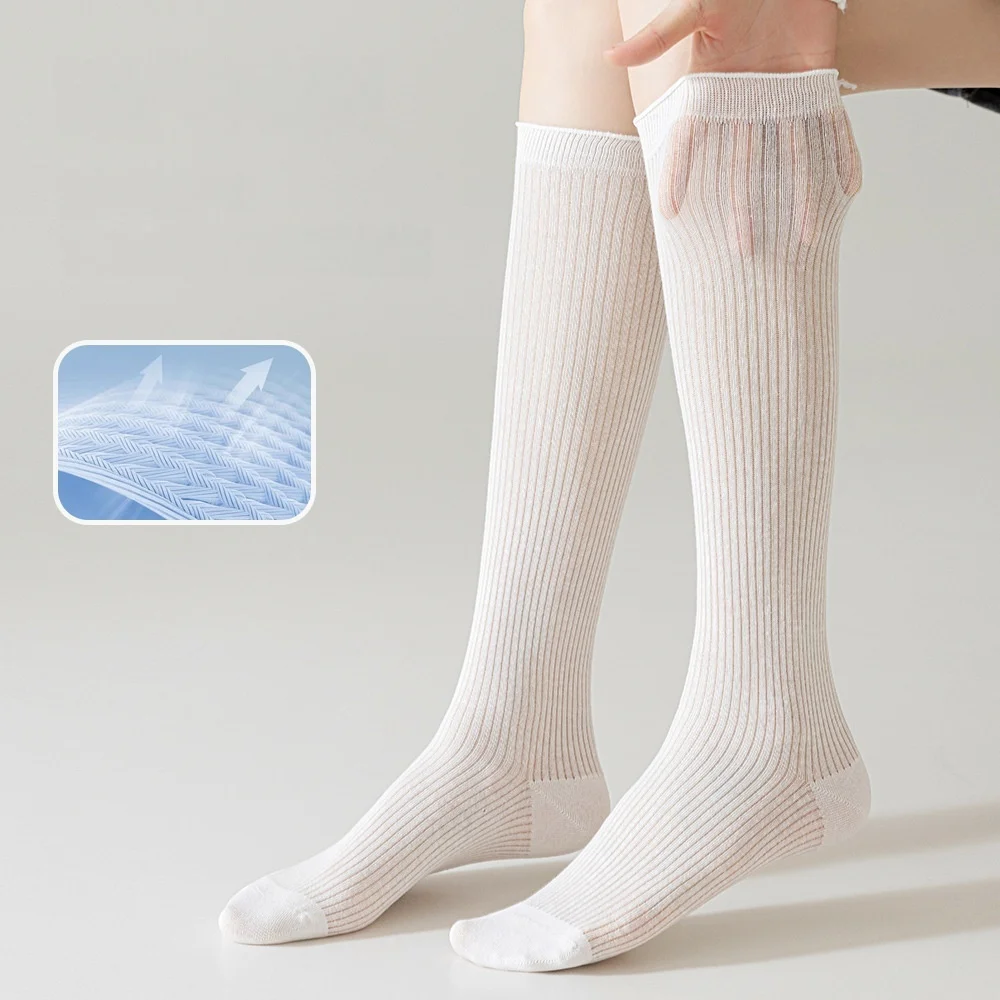 5 Pair Women's Spring Summer Thin Fashion Knee-High Cotton Socks High Quality Cute Mesh Stockings Breathable Casual Socks