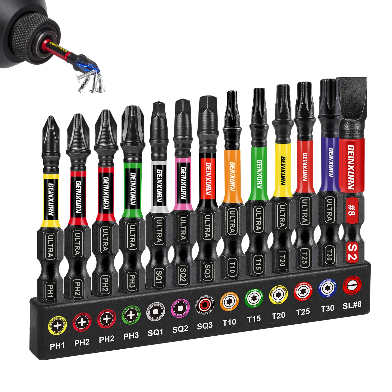 13PC Impact Phillipes/Square/Slotted Screwdriver Bits Set 2'' Magnetic S2 Steel Bits Set with Color Coded Base Drill Accessories