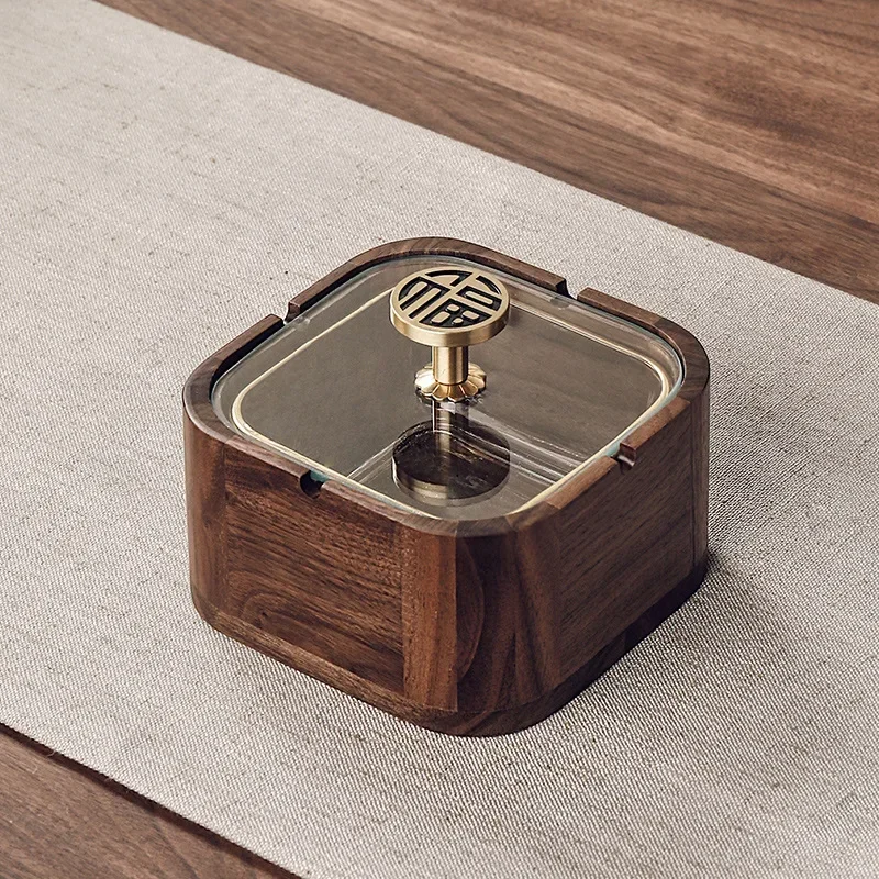 Walnut Solid Wood Ashtray Home Living Room with Cover To Prevent Fly Ash Creative Office Glass High-end Ash Cylinder Luxury