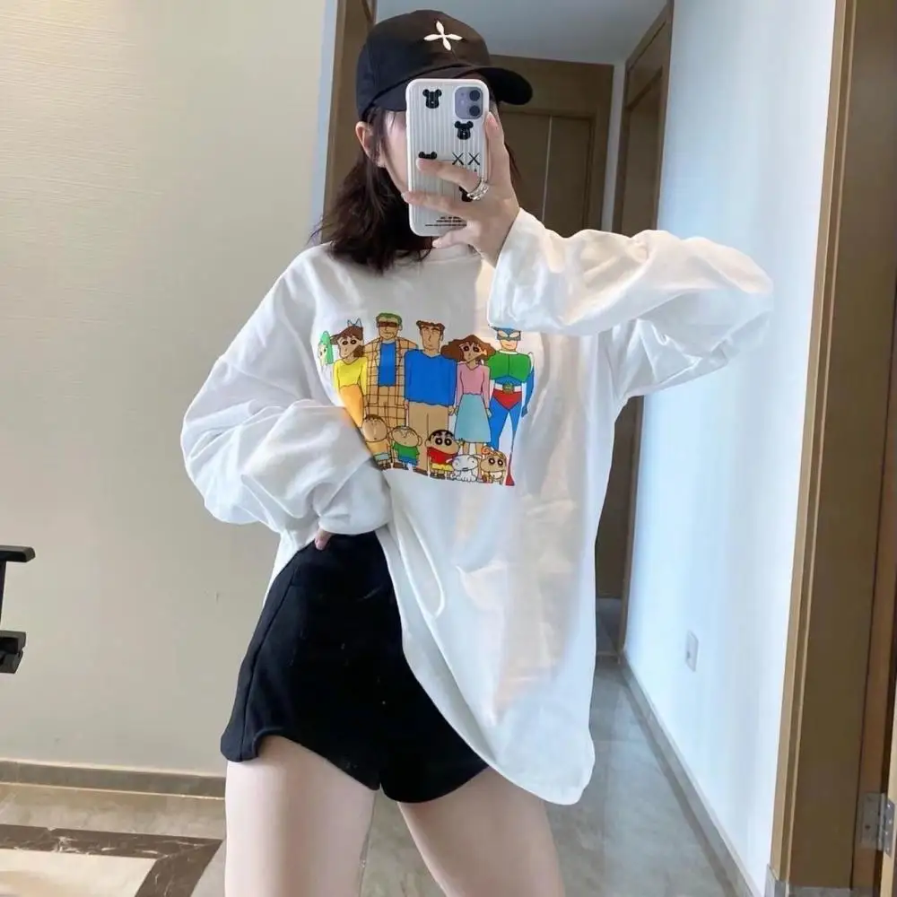 Japanese Crayon Shin-Chan Printed Long Sleeved T-Shirt American Men's and Women's Loose Cotton Tops Couple Pullover Leisure