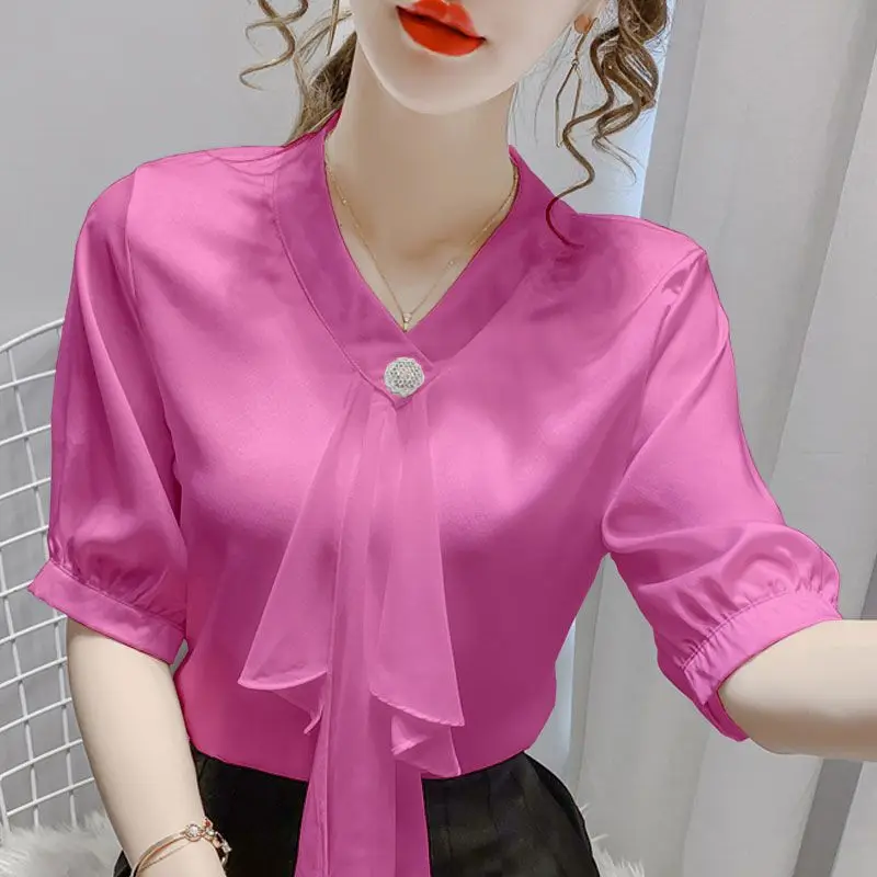 

Female Commute Fashion Solid Color Chiffon Shirt Office Lady Simplicity All-match V-Neck Spliced Blouse Summer Women's Clothing